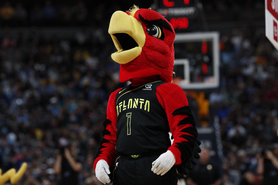 The Atlanta Hawks decided to employ their faithful mascot, Harry the Hawk, in the most ... interesting way. (AP Photo/David Zalubowski)