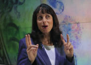 In this photo taken on Monday, Nov. 18, 2019, Google Vice President Jacqueline Fuller speaks during an interview with The Associated Press in Paris. Fuller says the company is having “a lot of conversations” internally amid consumer worries about data access and manipulated algorithms. (AP Photo/Michel Euler)