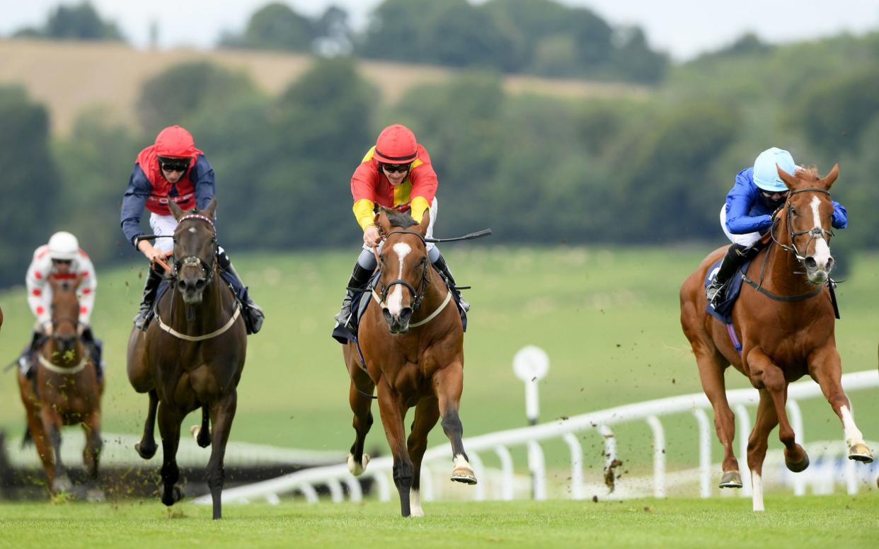 Newton Jack ridden by Richard Kingscote (centre) goes on to win The Toalsbet WhatsApp Betting Now Available Handicap at Chepstow Racecourse. PA Photo. Issue date: Tuesday July 21, 2020 - PA