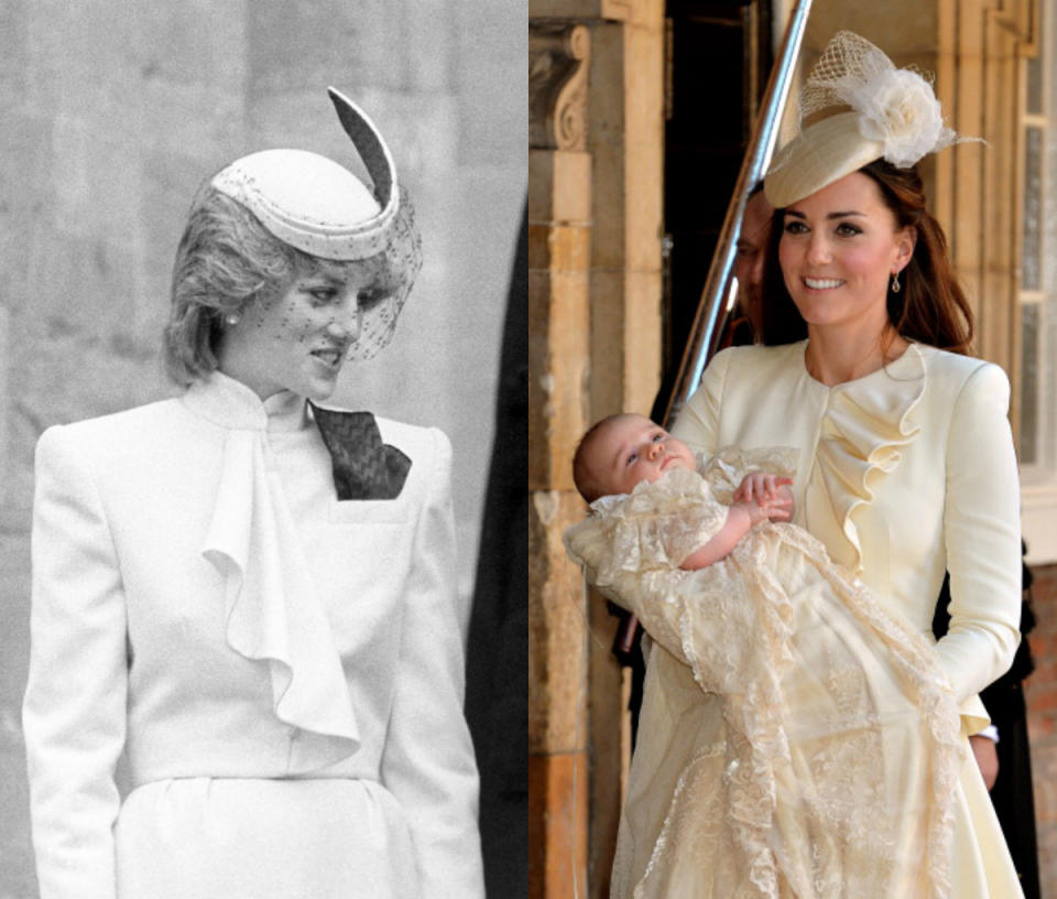 <p>In 1983 Diana wore a ruffled detailed suit with matching fascinator. Kate was seen in an almost identical ensemble at Prince George's christening in 2013. [Photo: PA/ Getty] </p>