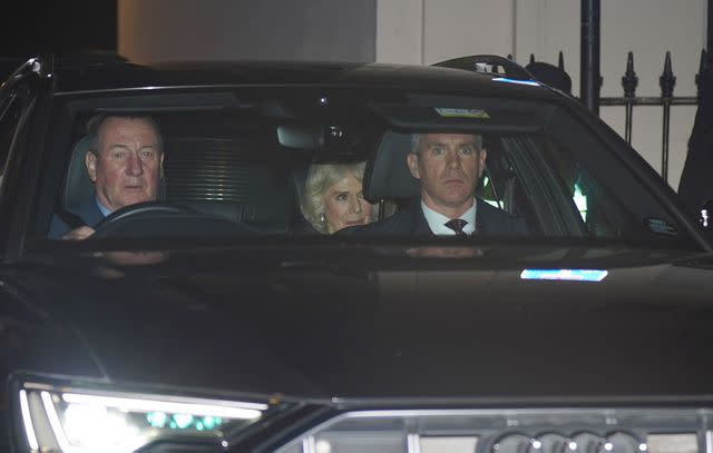 <p> Lucy North/PA Images via Getty I</p> Queen Camilla departs The London Clinic on Friday