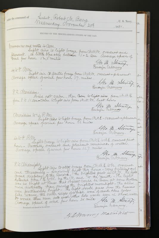 A detail in Volume 1 of the USS Rodgers logbooks is pictured at the National Archives building in Washington