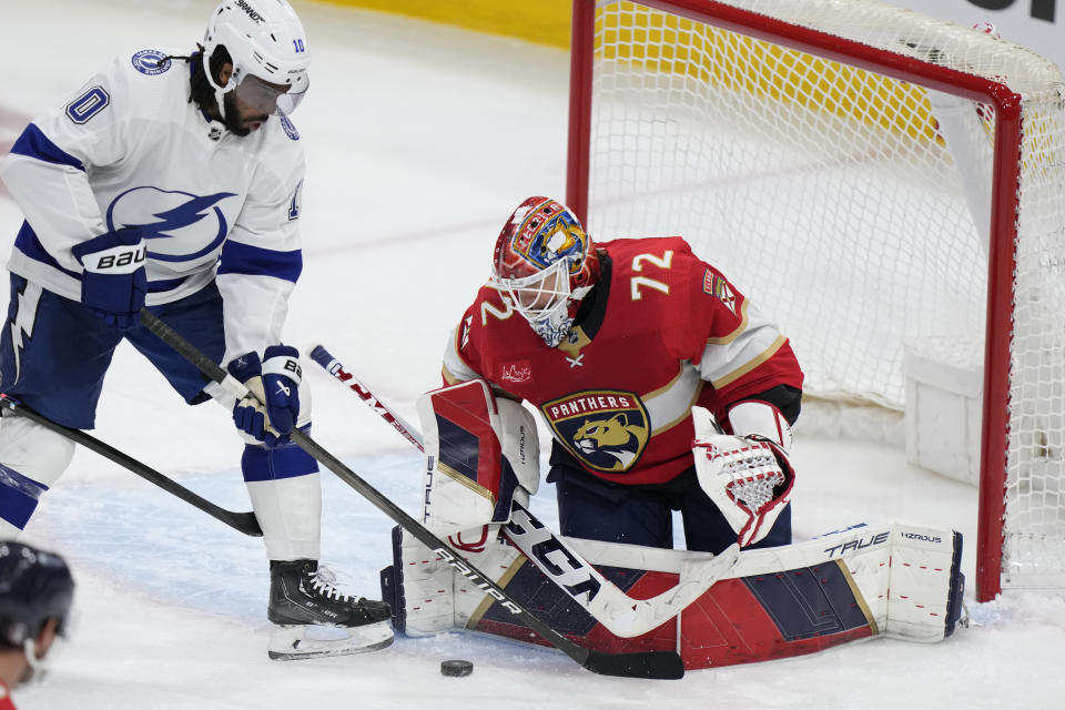 Tampa Bay Lightning left wing Anthony Duclair (10) attempts a shot at Florida Panthers goaltender Sergei Bobrovsky (72) during the third period of Game 2 of the first-round of an NHL Stanley Cup Playoff series, Tuesday, April 23, 2024, in Sunrise, Fla. (AP Photo/Wilfredo Lee)