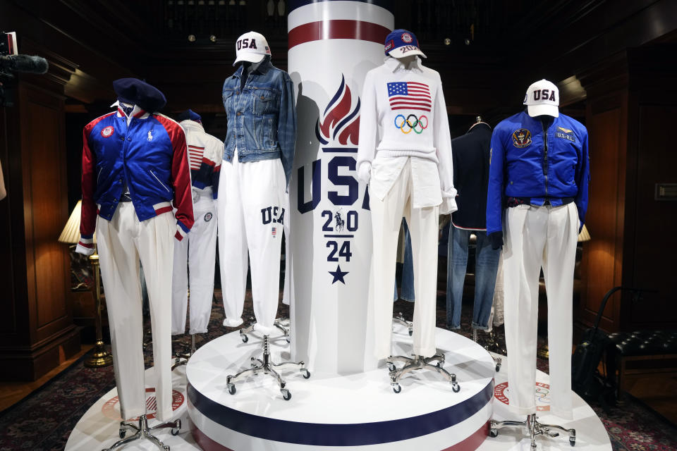 Team USA Paris Olympics attire is displayed at Ralph Lauren headquarters on Monday, June 17, 2024, in New York. (Photo by Charles Sykes/Invision/AP)