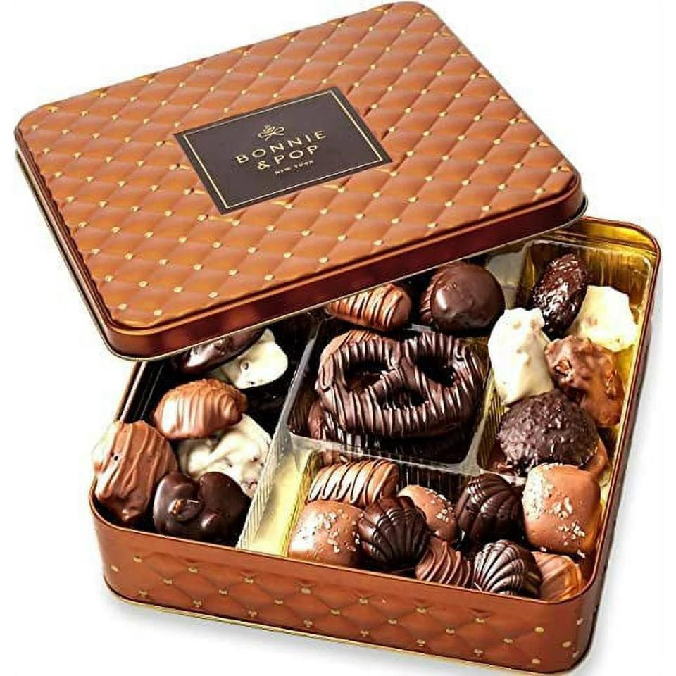 brown tin filled with chocolates