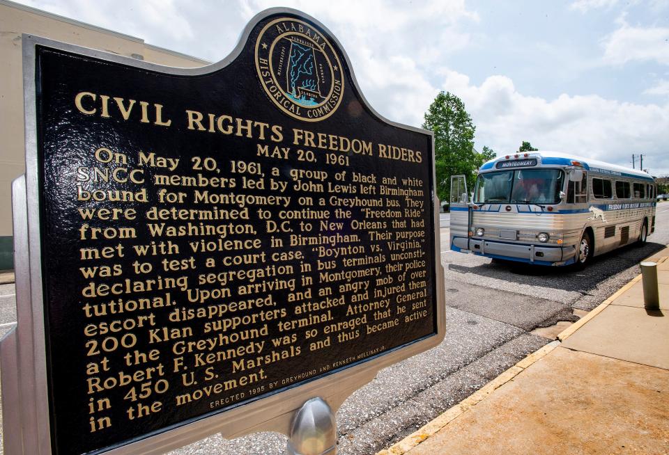 A restored vintage Greyhound bus sits at the Freedom Rides Museum in Montgomery, Alabama, on May 4, 2021.