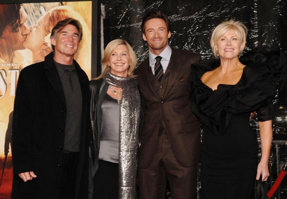 NEW YORK - NOVEMBER 24: (L-R) John Easterling, Olivia Newton John, Hugh Jackman and Deborra-Lee Furness attend "Australia" New York Premiere at the Ziegfeld Theater on November 24, 2008 in New York City. (Photo by Dimitrios Kambouris/WireImage for 20th Century Fox)