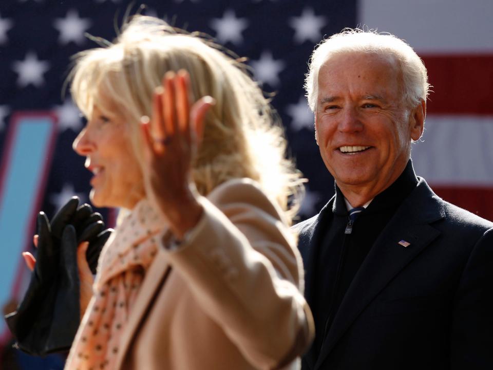 Jill Biden speaks in Virginia in 2012 as Joe Biden looks on