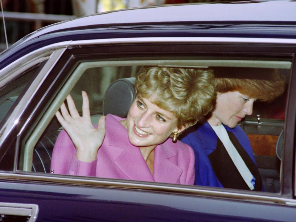 Diana waves to the crowd as she arrives at the Cité de la Villette in Paris on 14 November, 1992 during a three-day visit in France (Pierre Verdy/AFP)