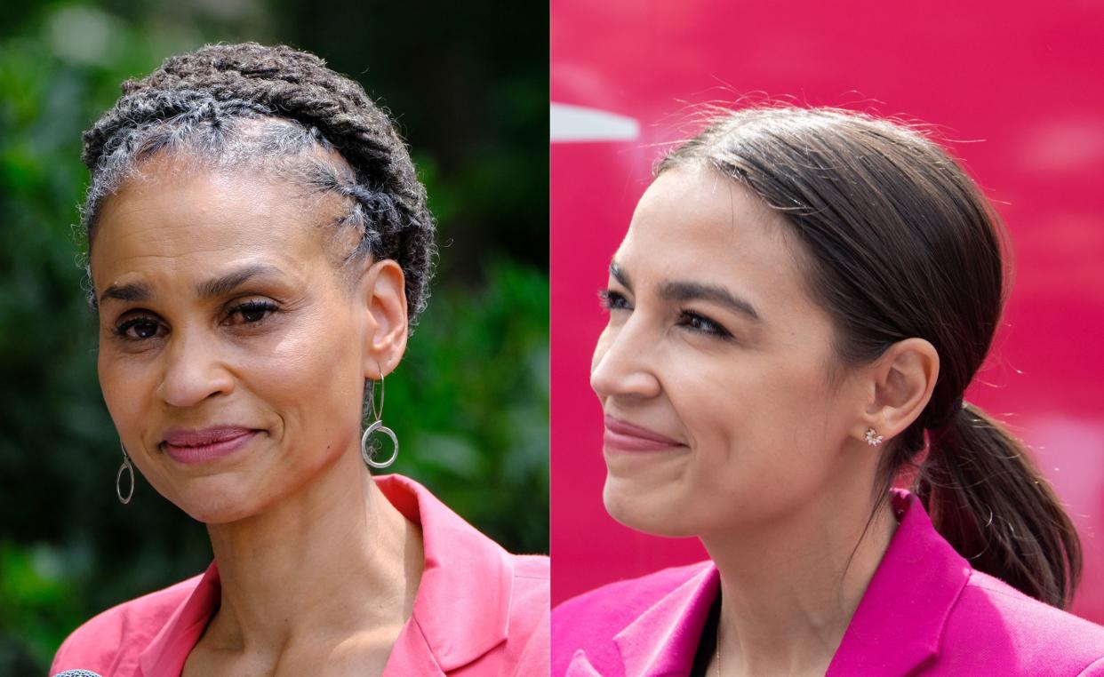 Democratic mayoral candidate Maya Wiley (left) at a campaign rally at Washington Square Park in Manhattan on June 1, 2021. Congresswoman Alexandria Ocasio-Cortez at a mobile Covid-19 vaccine site on Castle Hill Ave.  in the Bronx on May 7, 2021.