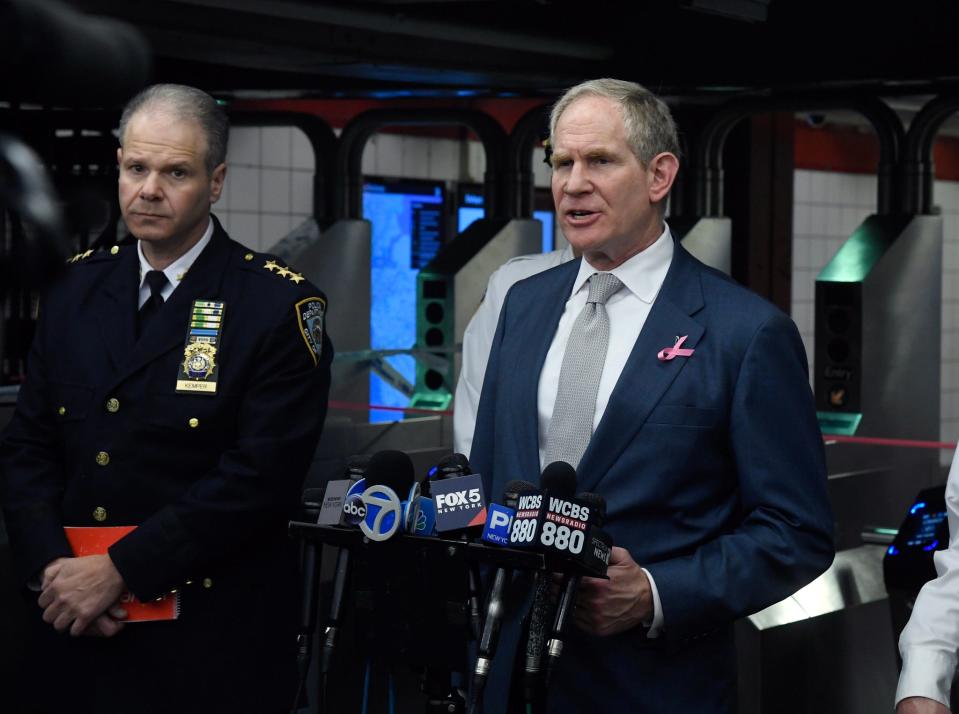 MTA Chair & CEO Janno Lieber and NYPD Chief of Transit Michael Kemper visit the scene and provide a media update at 5 Av-53 St on Wednesday, Oct 18, 2023 after a passenger was pushed against a train by an assailant and fell to the roadbed, suffering critical injuries.
