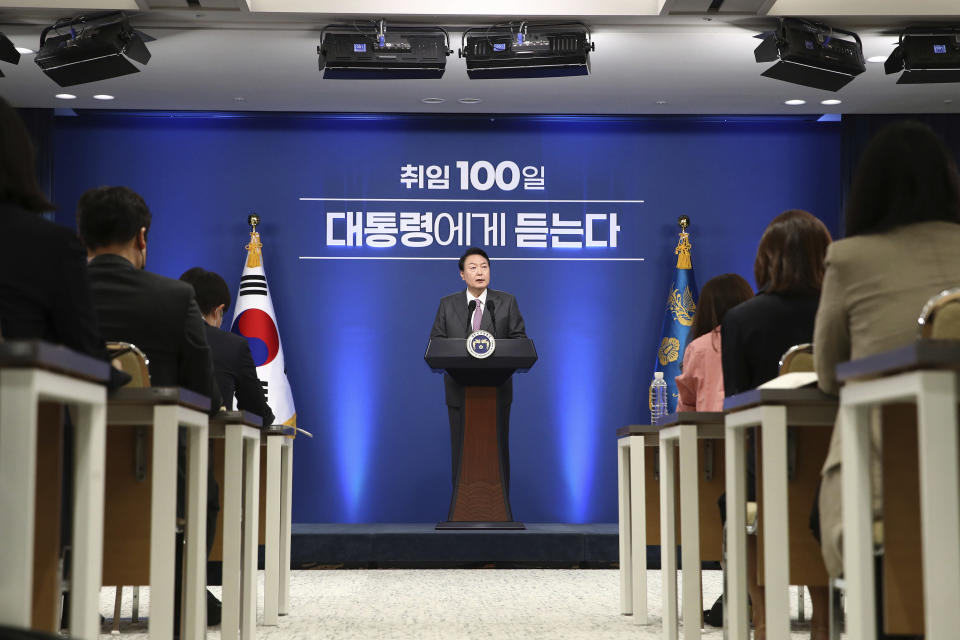 South Korean President Yoon Suk Yeol delivers a speech during a news conference to mark his first 100 days in office at the presidential office in Seoul, South Korea, Wednesday, Aug. 17, 2022. Yoon said Wednesday his government has no plans to pursue its own nuclear deterrent in the face of growing North Korean nuclear threats, as he urged the North to return to dialogue aimed at exchanging denuclearization steps for economic benefits. (Chung Sung-Jun/Pool Photo via AP)