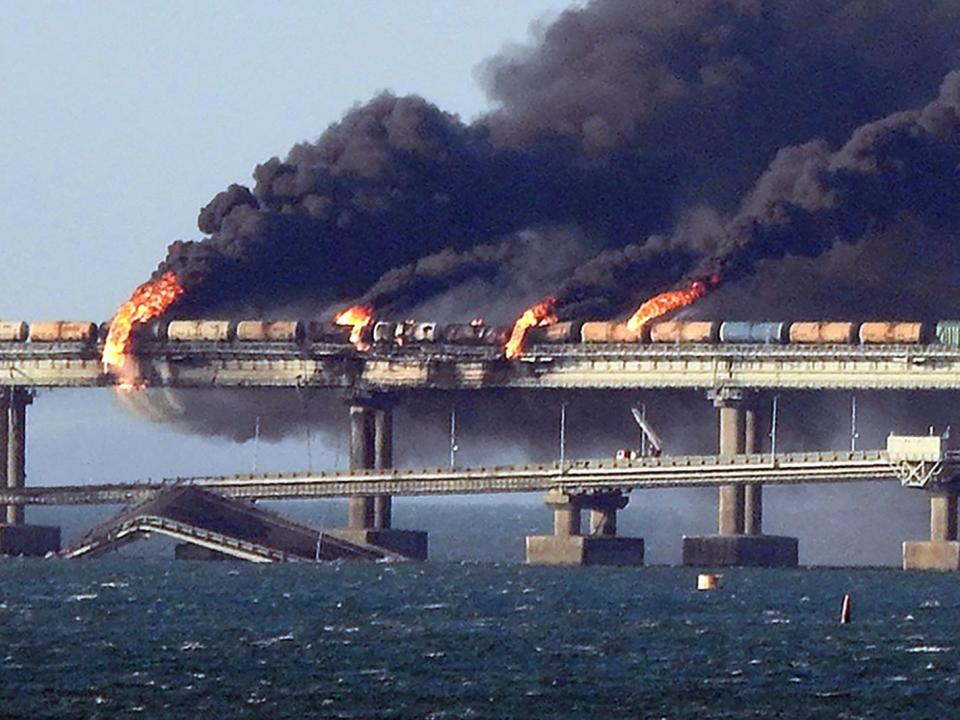 Russia Crimea Kerch bridge explosion fire smoke