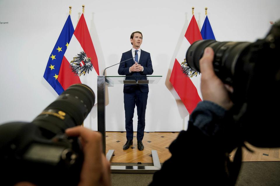 Austrian Chancellor Sebastian Kurz (Austrian People's Party) addresses the media during a press conference at the Federal Chancellors Office in Vienna, Austria, Saturday, May 18, 2019. Kurz has called for an early election after the resignation of his vice chancellor spelled an end to his governing coalition. (AP Photo/Michael Gruber)