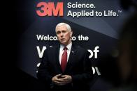 U.S. Vice President Mike Pence, who heads the government's coronavirus task force, addresses the news at the 3M company's headquarters in Maplewood