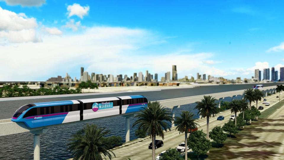 Representación del monorraíl de Miami Beach sobre la bahía de Biscayne. El condado planea ahora ampliar el Metromover en su lugar. Miami-Dade County