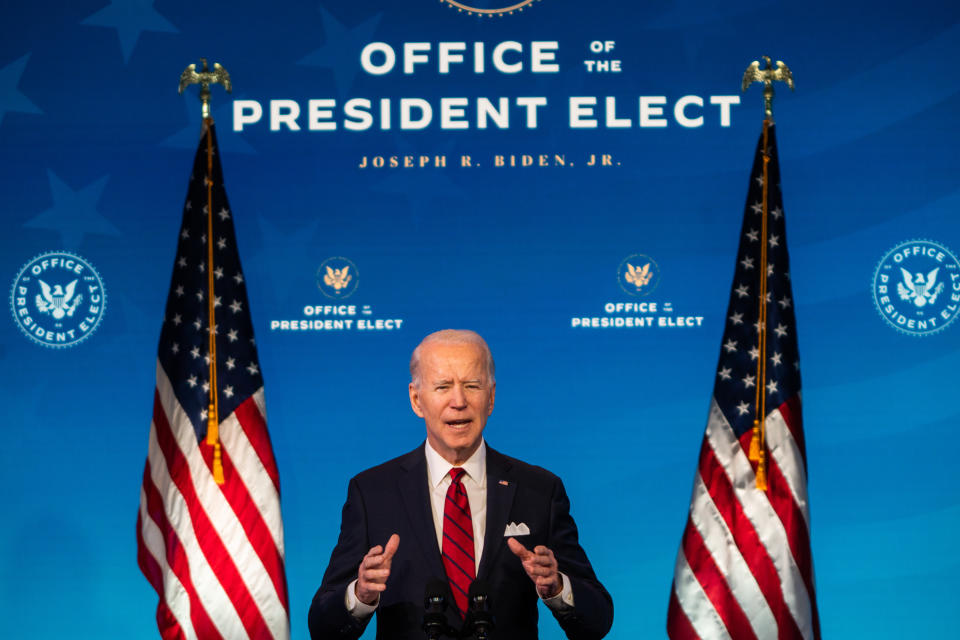 WILMINGTON, DE  January 15, 2021:  President- elect Joe Biden and Vice President - Elect Kamala Harris during remarks regarding the pandemic and economy at the Queen in Wilmington, DE on January 15, 2021.  (Photo by Demetrius Freeman/The Washington Post via Getty Images)