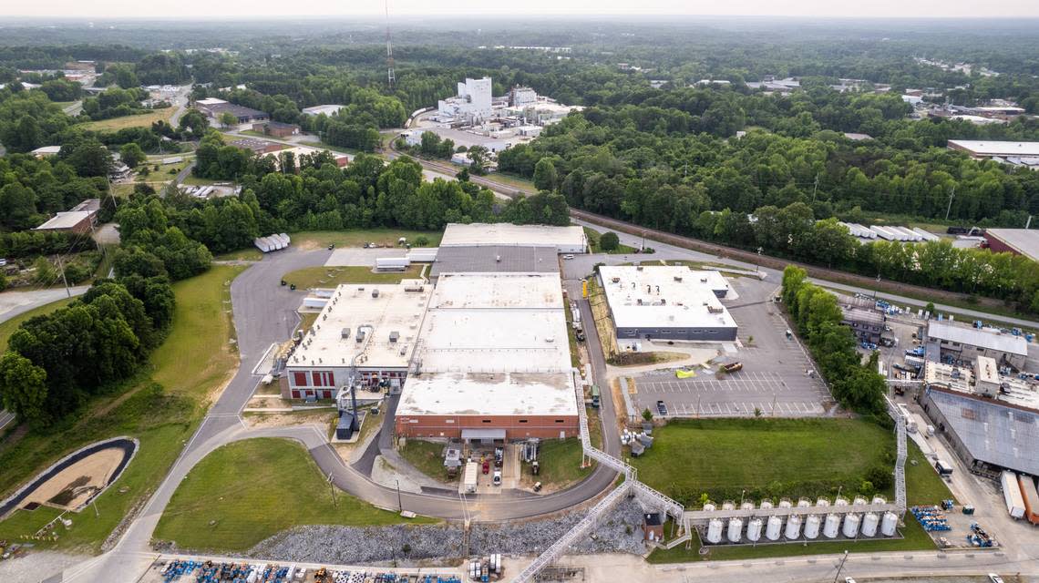 An aerial view of an Akko Nobel, foreground, and Kao Specialties Americas factory, background, in High Point, NC. Southwest High Point has more toxic release permits than any other neighborhood in the state.
