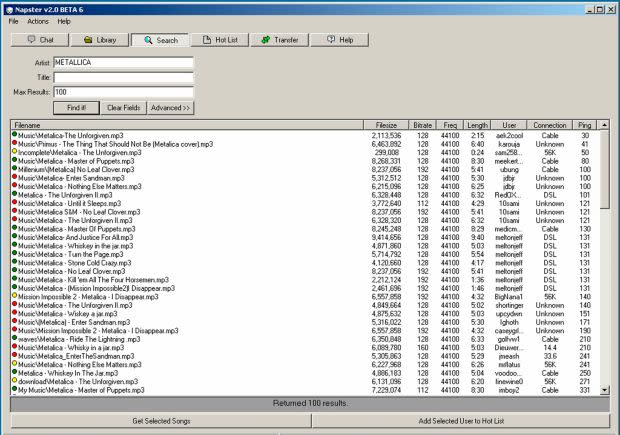 Screengrab of the Napster program