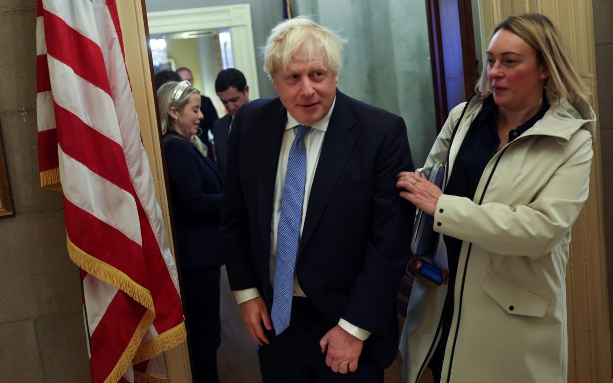 Boris Johnson leaving a meeting in the US, where he is pressing for more military aid to Ukraine - Kevin Dietsch/Getty Images