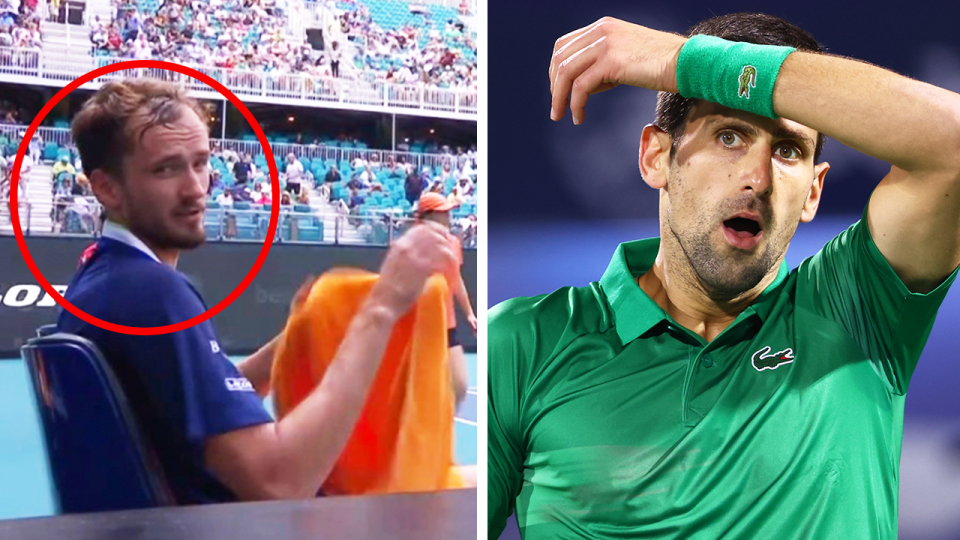 Daniil Medvedev (pictured left) talking to the camera during a match and (pictured right) Novak Djokovic looking tired during a match.