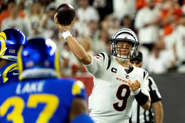 Cincinnati Bengals quarterback Joe Burrow (9) looks to pass against the Los  Angeles Rams during …