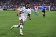 United States midfielder Catarina Macario celebrates scoring a goal during the first half of an international friendly soccer match against Paraguay, Tuesday, Sept. 21, 2021, in Cincinnati. (AP Photo/Aaron Doster)