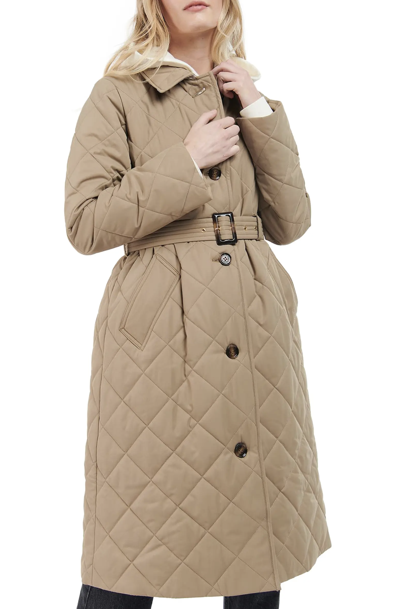 Barbour Cordelia Quilted Longline Jacket in tan (photo via Nordstrom)