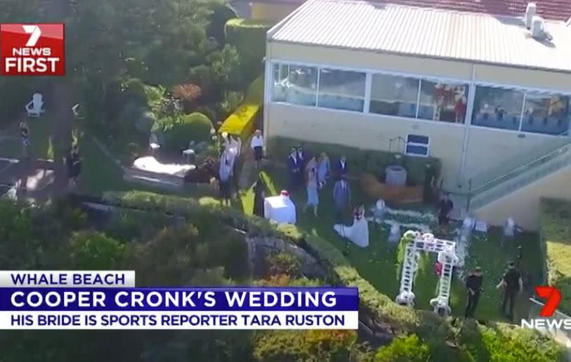 The brunette stunned as she arrived at her wedding ceremony in New South Wales' Whale Beach, in a breathtakingly beautiful bridal gown. Source: Channel Seven