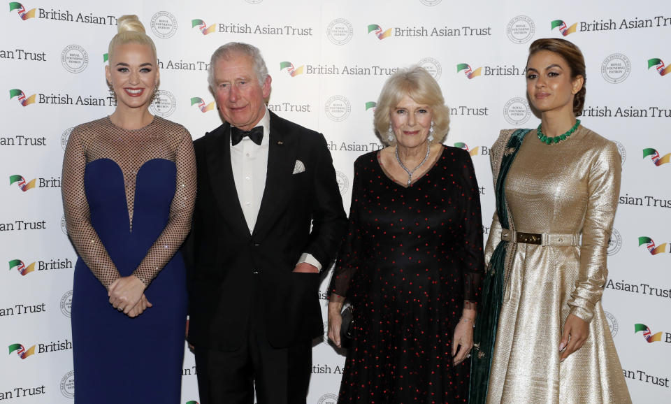 (L-R) Katy Perry, Prince Charles, Camilla Duchess of Cornwall and Natasha Poonawalla at the British Asian Trust dinner