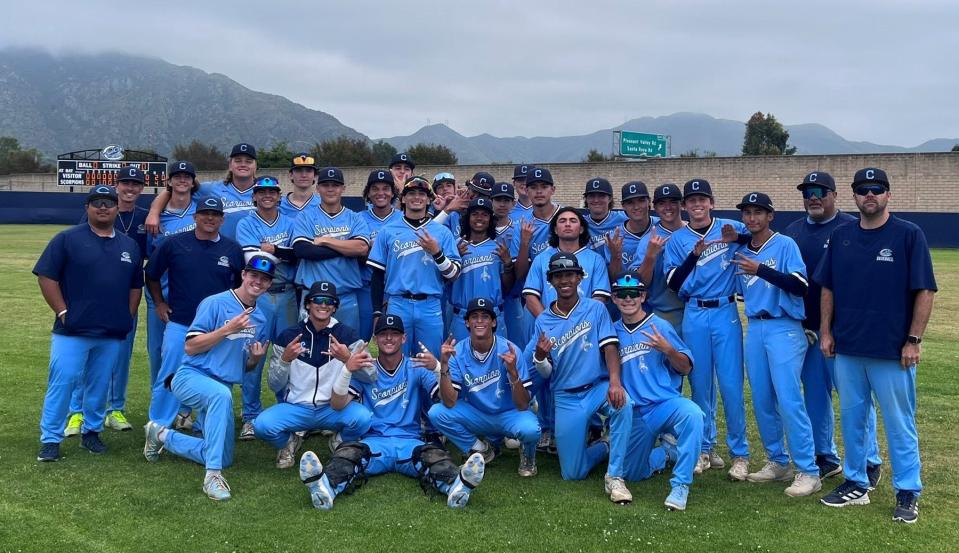 The Camarillo High baseball team poses for a photo after beating Cerritos 4-0 at home in a CIF-Southern Section Division 4 quarterfinal game on Friday, May 10, 2024.