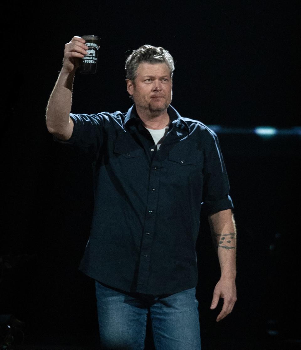 Blake Shelton performs during his "Friends and Heroes" tour concert at Bankers Life Fieldhouse in Indianapolis on Feb. 21, 2018.