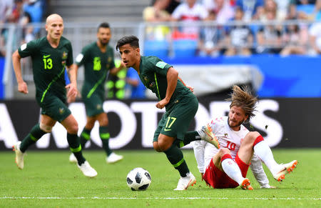 Soccer Football - World Cup - Group C - Denmark vs Australia - Samara Arena, Samara, Russia - June 21, 2018 Denmark's Lasse Schone in action with Australia's Daniel Arzani REUTERS/Dylan Martinez