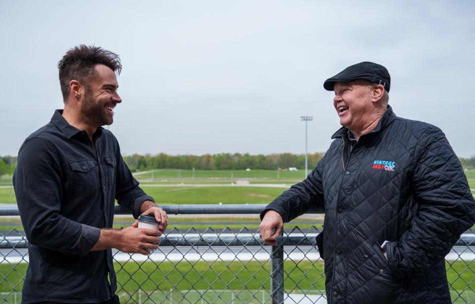 Actor Brett Varvel (left), who plays main lead Chris Stone in Mayberry Man, a comedy series based on "The Andy Griffith Show," laughs Thursday, April 27, 2023, with two-time Indianapolis 500 champion Al Unser Jr. during filming at Lucas Oil Indianapolis Raceway Park. Unser Jr.'s cameo can be seen in the series that will stream this fall. 