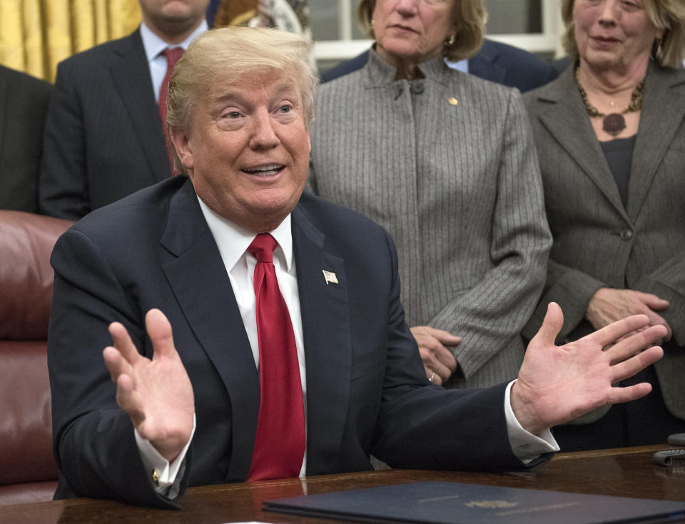 WASHINGTON, DC - JANUARY 10: U.S. President Donald Trump makes remarks in the Oval Office prior to signing the bipartisan Interdict Act, a bill to stop the flow of opioids into the United States, on January 10, 2018 in Washington, D.C.  The Interdict Act will provide Customs and Border Protection agents with the latest screening technology devices used to secure our border from illicit materials, specifically fentanyl, a powerful opioid. (Photo by Ron Sachs-Pool/Getty Images)