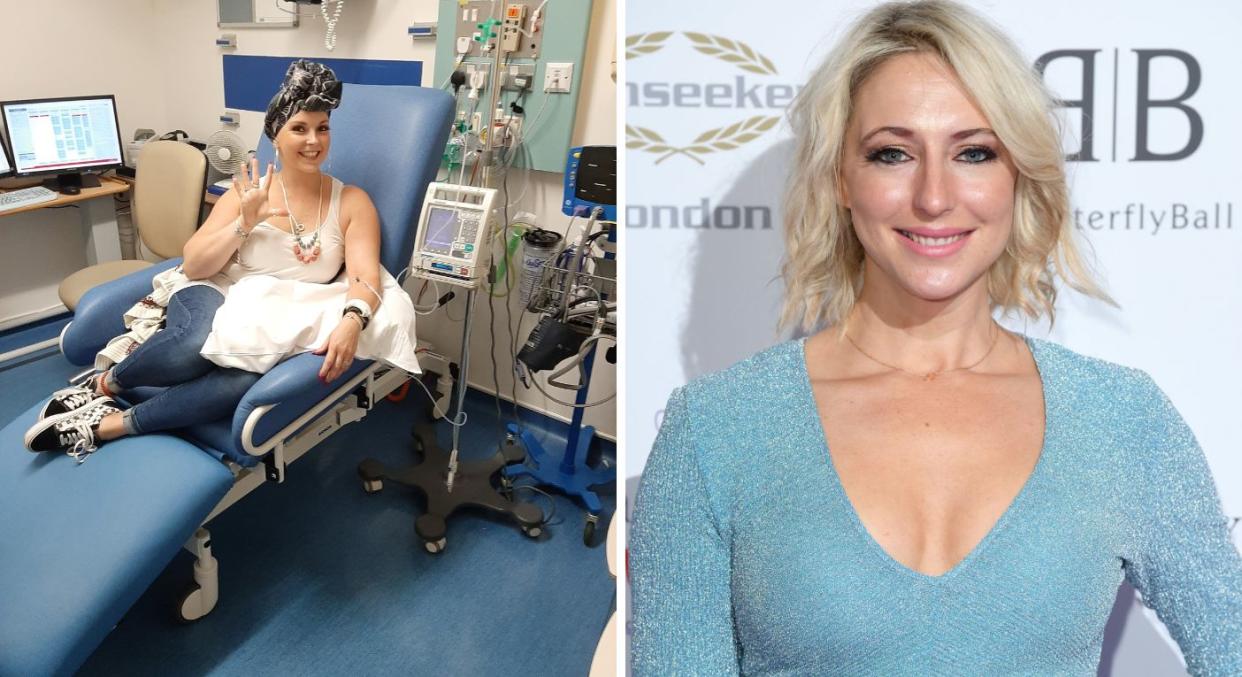 Amy Palmer, left, found a lump while breastfeeding just like former Hollyoaks actor Ali Bastian. (Amy Palmer/SWNS/Getty Images) 