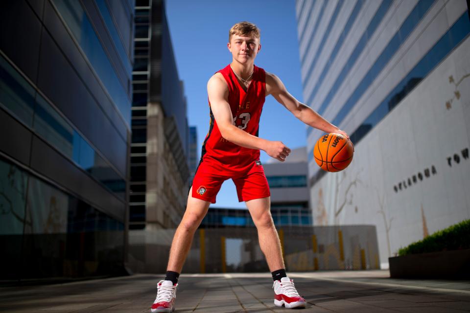 Dale's Dayton Forsythe poses for a photo for The Oklahoman's Super 5 boys basketball team in Oklahoma City, Wednesday, April 12, 2023.