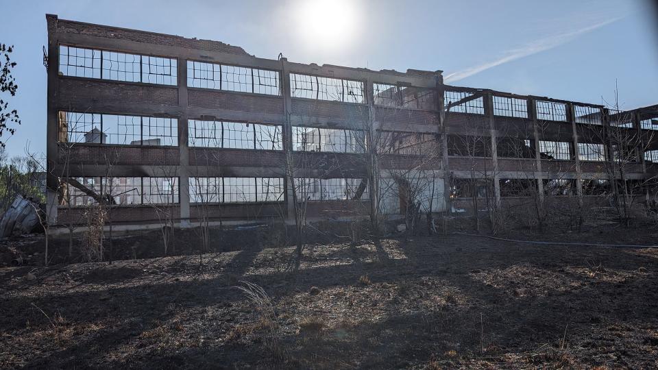 The aftermath of a six-alarm Saturday fire, in Stewartstown, was still smoldering on Monday April 29, 2024.