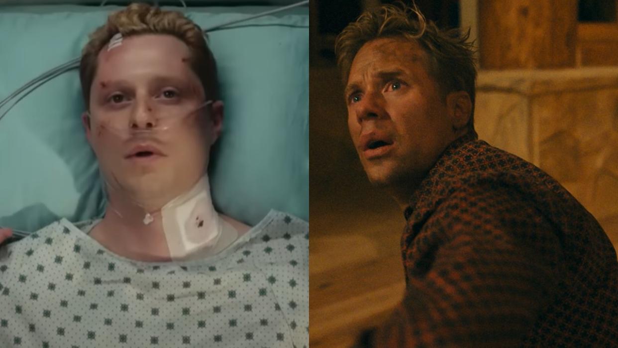  From left to right: Noah Reid as Billy in a hospital bed and Shaun Sipos as Luke looking terrified in Season 2 of Outer Range. . 