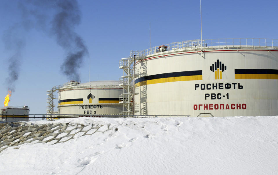 FILE - Reservoirs seen at Priobskoye oil field near Nefteyugansk, in western Siberia, Russia, on April 5, 2006. For months after Ukraine's Western allies limited sales of Russian oil to $60 per barrel, the price cap was still largely symbolic. Most of Moscow's crude — its main moneymaker — cost less than that. (AP Photo/Misha Japaridze. File)