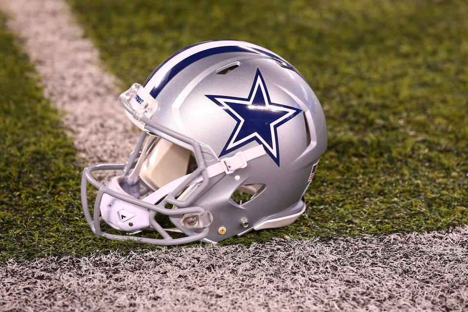 EAST RUTHERFORD, NJ - NOVEMBER 04:  Dallas Cowboys helmet on the field prior to the National Football League game between the New York Giants and the Dallas Cowboys on November 4, 2019 at MetLife Stadium in East Rutherford, NJ.   (Photo by Rich Graes fourthsle/Icon Sportswire via Getty Images)