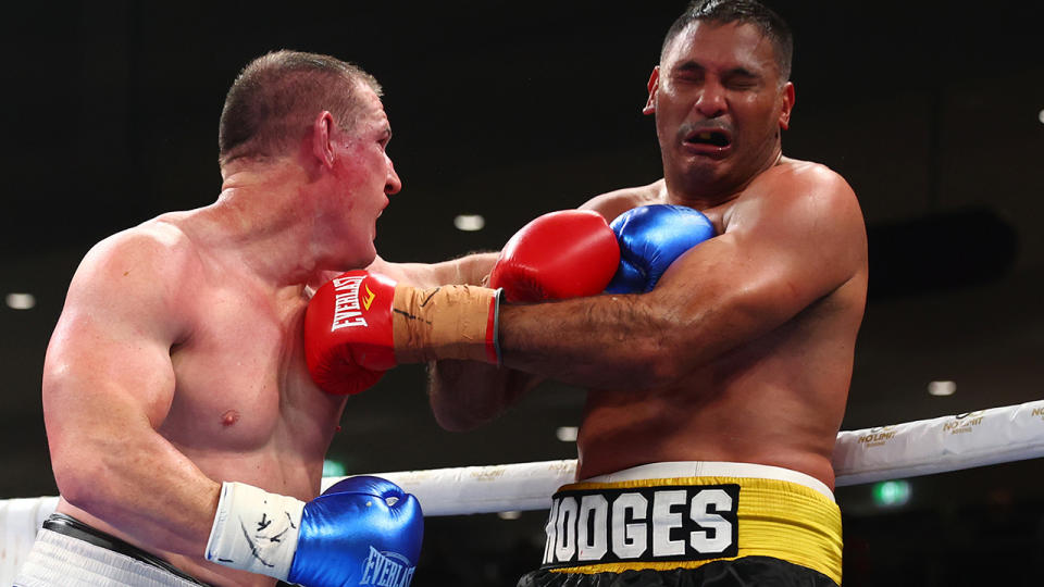 Paul Gallen claimed a TKO victory ovr Justin Hodges, who was left unhappy about the stoppage. (Photo by Chris Hyde/Getty Images)