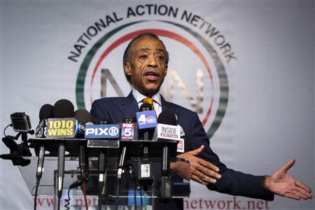 Reverend Al Sharpton speaks during a news conference held to address local media reports regarding his relationship with the FBI during the 1980s in New York April 8, 2014. REUTERS/Lucas Jackson