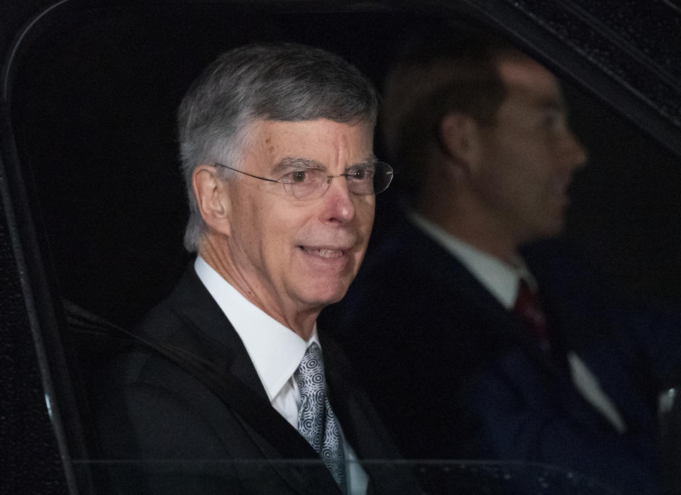 A top U.S. diplomat, William Taylor, departs the Capitol after testifying in the Democrats' impeachment investigation of President Donald Trump, in Washington, Tuesday, Oct. 22, 2019. (AP Photo/J. Scott Applewhite)