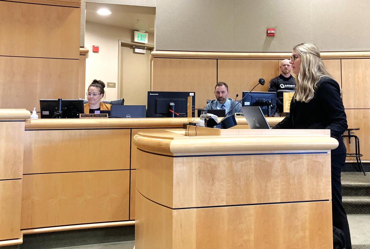 Shasta County Assistant Registrar of Voters Joanna Francescut talks to the Board of Supervisors on April 2 about the results of the March 5 primary election.