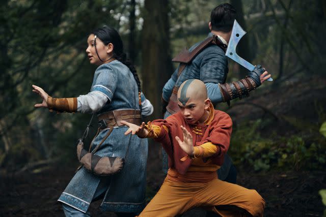 <p>Robert Falconer/Netflix</p> Katara (Kiawentiio), Aang (Gordon Cormier), and Sokka (Ian Ousley) in 'Avatar: The Last Airbender'