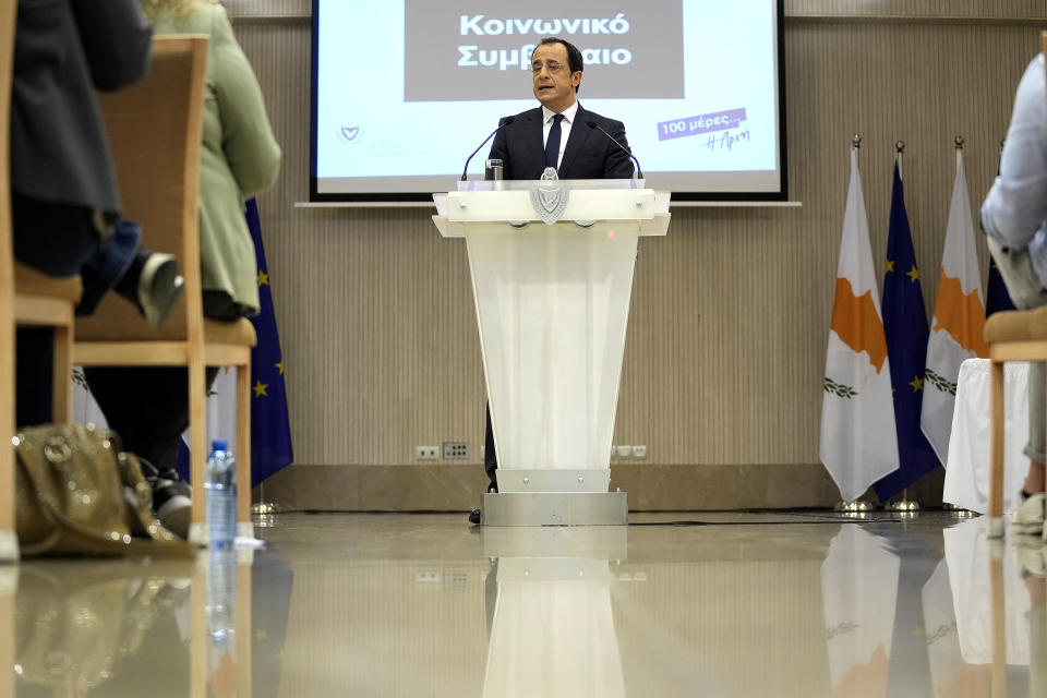 Cyprus' President Nikos Christodoulides talks to the media at the presidential palace in Nicosia, Cyprus, Tuesday, June 20, 2023. Christodoulides gave an account of his first 100 days in office during a news conference. (AP Photo/Petros Karadjias)