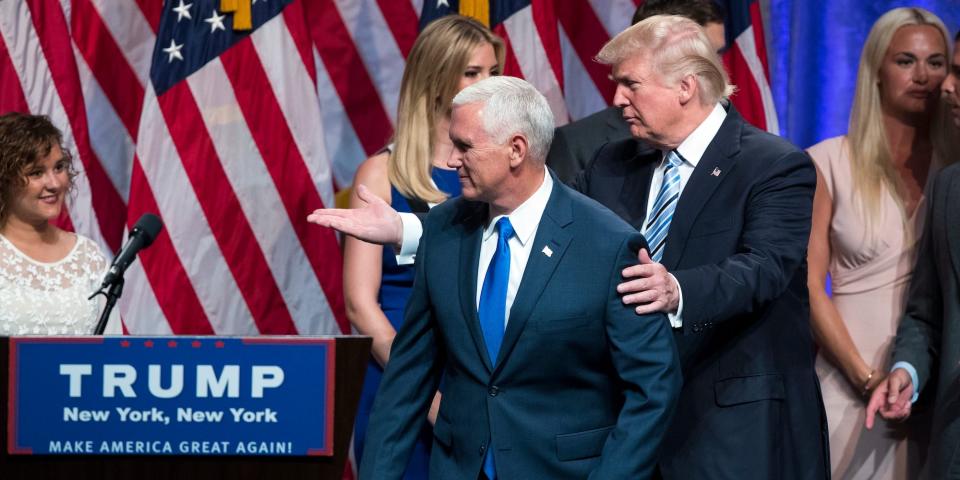 Donald Trump and Mike Pence on stage during their July 2016 running mate announcement.