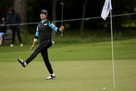A Lim Kim, of South Korea, reacts after missing a putt on the 15th hole during the final round of the Chevron Championship women's golf tournament at The Club at Carlton Woods on Sunday, April 23, 2023, in The Woodlands, Texas. (AP Photo/David J. Phillip)