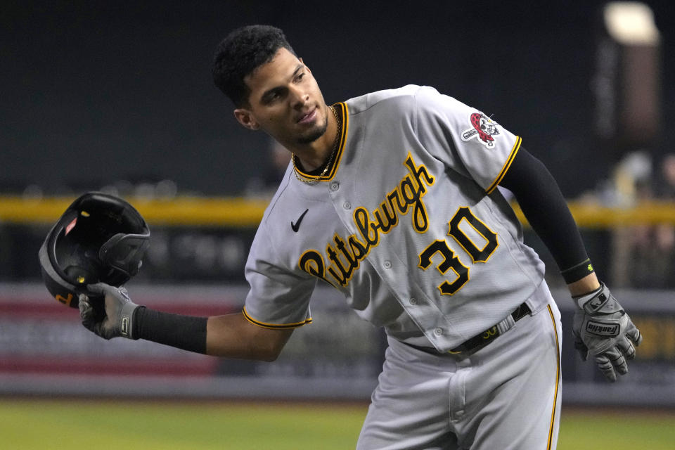 FILE - Pittsburgh Pirates shortstop Tucupita Marcano (30) in the first inning during a baseball game against the Arizona Diamondbacks, Saturday, July 8, 2023, in Phoenix. Major League Baseball has permanently banned Marcano Tuesday, June 4, 2024, for betting on baseball and suspended the four other players for one year after finding the players placed unrelated bets with a legal sportsbook. (AP Photo/Rick Scuteri, FIle)